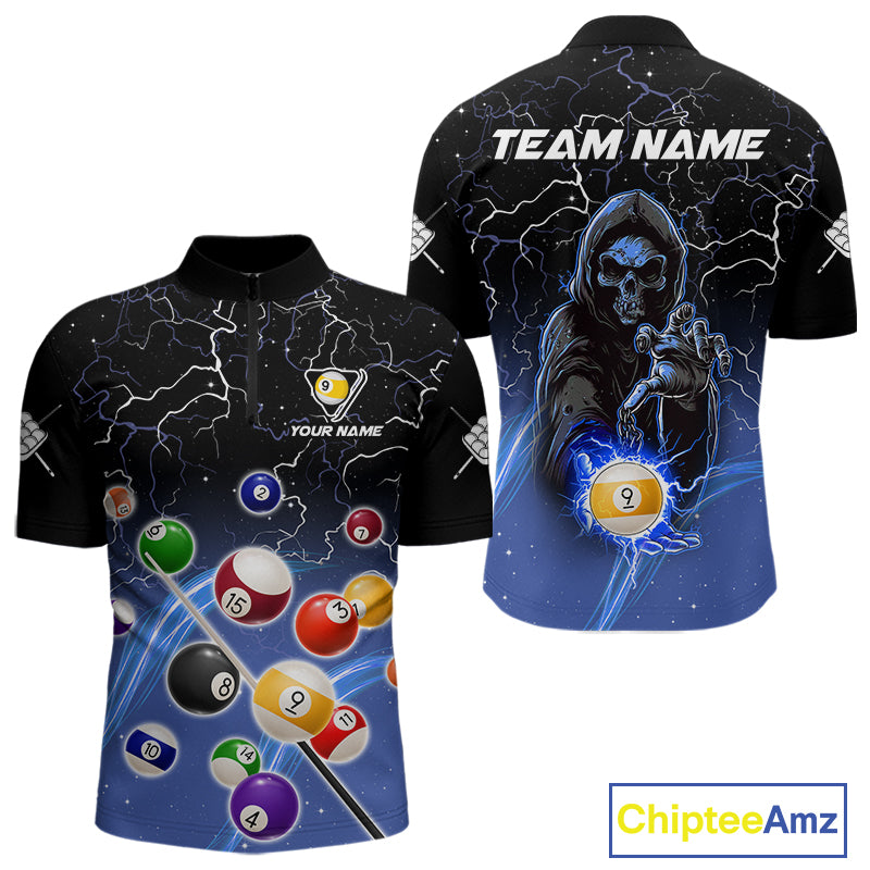Blue grim reaper lightning 9 ball billiard quarter zip shirt for men designed for league tournaments and team events.