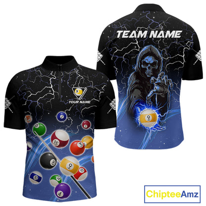 Blue grim reaper lightning 9 ball billiard quarter zip shirt for men designed for league tournaments and team events.