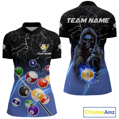 Blue grim reaper lightning 9 ball billiard quarter zip shirt for women designed for league tournaments and team events.