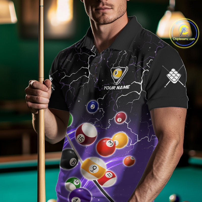 Man wearing a purple grim reaper lightning 9 ball billiard jersey beside a pool table front view.