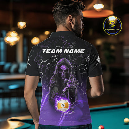 Back view of man wearing a purple grim reaper lightning 9 ball pool shirt in a billiards hall.