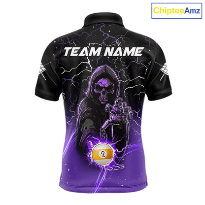 Purple grim reaper lightning 9 ball billiard polo shirt for men with custom pool team graphics.