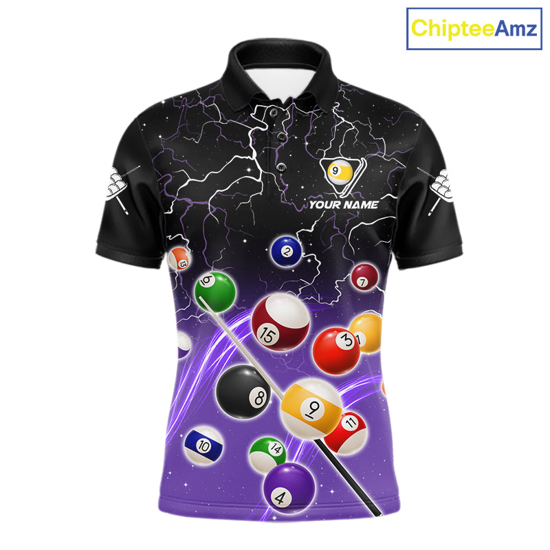 Purple grim reaper lightning 9 ball billiard polo shirt for men with custom pool team graphics.