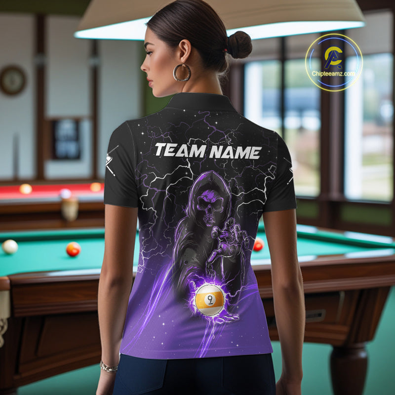 Back view of woman wearing a purple grim reaper lightning 9 ball pool shirt in a billiards hall.