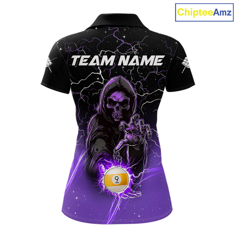 Purple grim reaper lightning 9 ball billiard polo shirt for women with custom pool team graphics.
