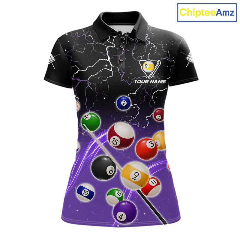 Purple grim reaper lightning 9 ball billiard polo shirt for women with custom pool team graphics.