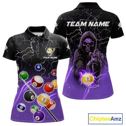 Purple grim reaper lightning 9 ball billiard polo shirt for women with custom pool team graphics.