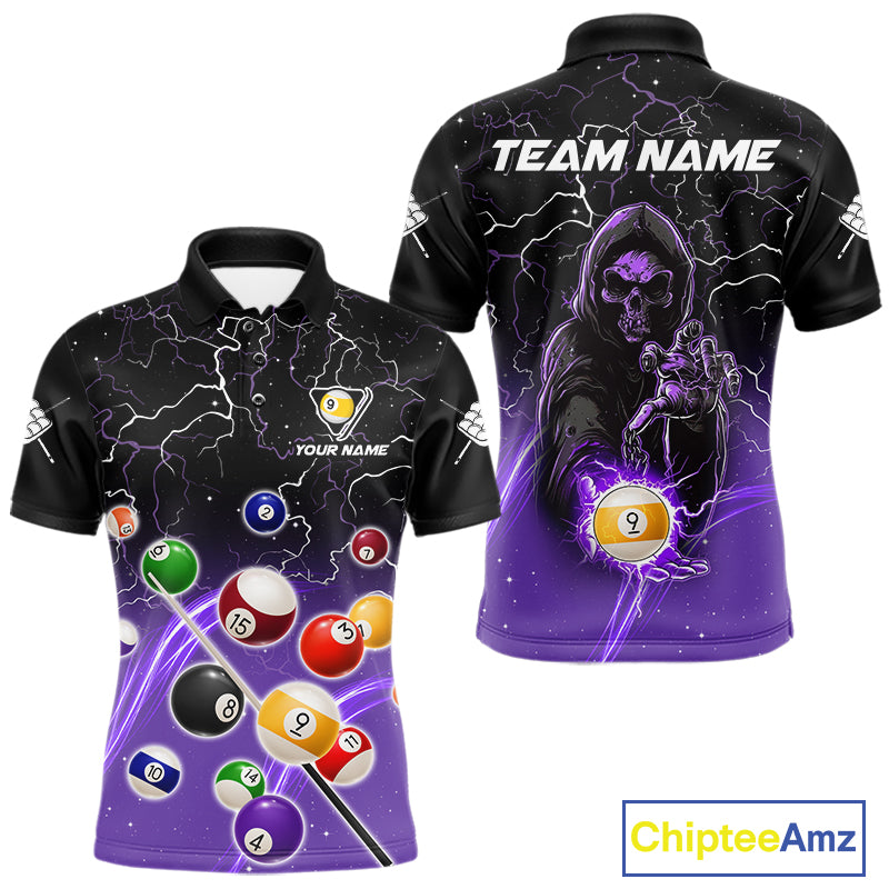 Purple grim reaper lightning 9 ball billiard polo shirt for men with custom pool team graphics.