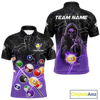 Purple grim reaper lightning 9 ball billiard polo shirt for men with custom pool team graphics.