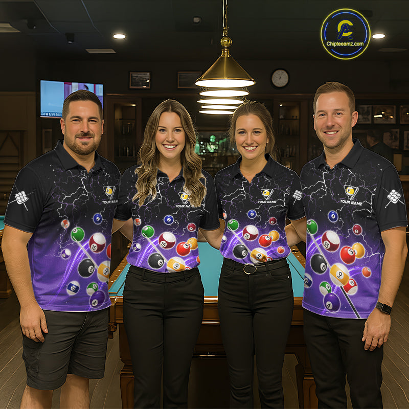 Pool team wearing matching purple grim reaper lightning 9 ball billiard jerseys during tournament competition front view.