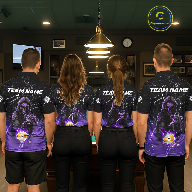 Back view of pool players wearing matching purple grim reaper billiard shirts in a game room.