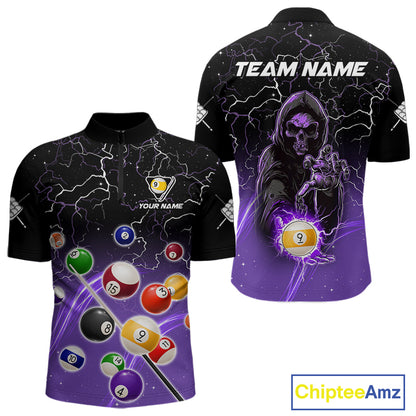Purple grim reaper lightning 9 ball billiard quarter zip shirt for men designed for league tournaments and team events.
