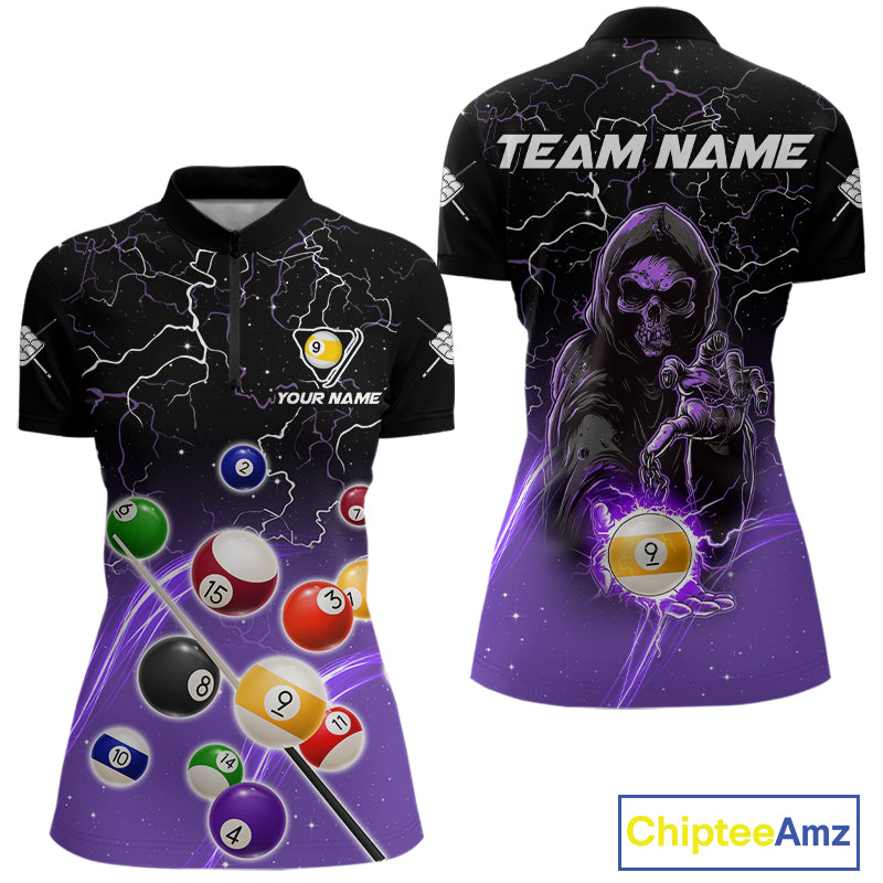 Purple grim reaper lightning 9 ball billiard quarter zip shirt for women designed for league tournaments and team events.