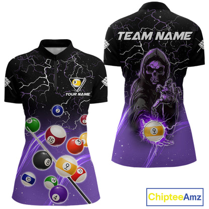 Purple grim reaper lightning 9 ball billiard quarter zip shirt for women designed for league tournaments and team events.