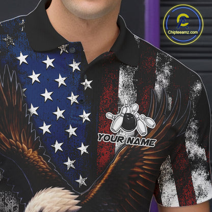 Close-up of personalized American flag eagle bowling team jersey polo shirt featuring collar, buttons and eagle American flag artwork.