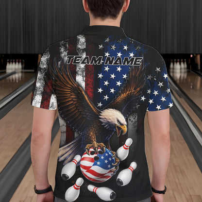 Man wearing personalized American flag eagle bowling team jersey polo shirt featuring eagle American flag artwork, back view.