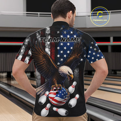 Man wearing personalized American flag eagle bowling team jersey quarter zip shirt featuring eagle American flag artwork, back view.