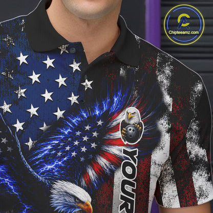 Close-up of custom blue eagle American flag bowling team jersey polo shirt featuring collar, buttons and eagle American flag artwork.