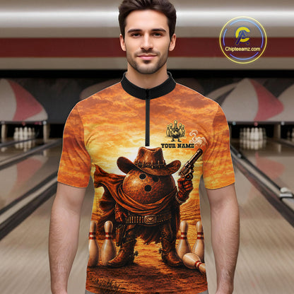 Man wearing personalized funny cowboy bowling ball bowling team jersey quarter zip shirt featuring cowboy bowling ball artwork, front view.