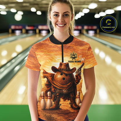 Woman wearing personalized funny cowboy bowling ball bowling team jersey quarter zip shirt featuring cowboy bowling ball artwork, front view.