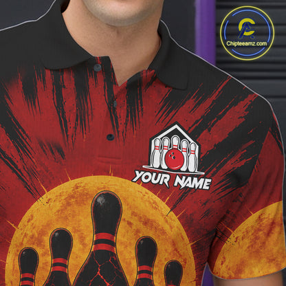 Close-up of personalized black and red dinosaur bowling team jersey polo shirt featuring collar, buttons and dinosaur artwork.
