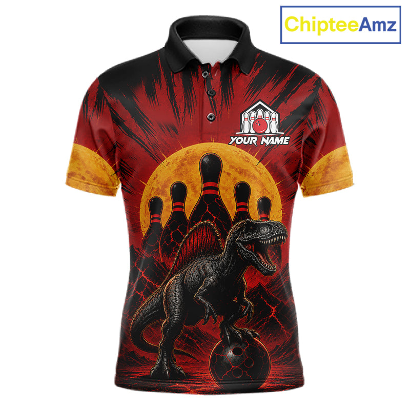 Personalized black and red dinosaur bowling team jersey polo shirt for men featuring a fierce dinosaur bowling design, premium custom bowling league apparel.