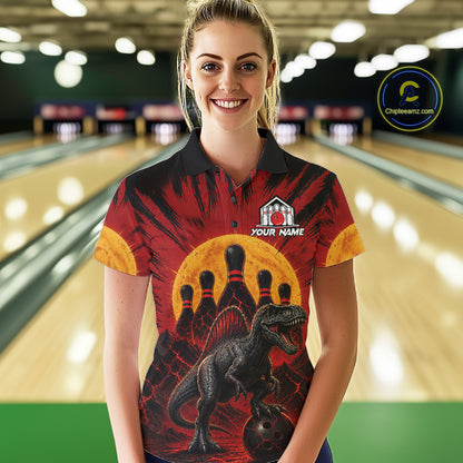 Woman wearing personalized black and red dinosaur bowling team jersey polo shirt featuring dinosaur artwork, front view.