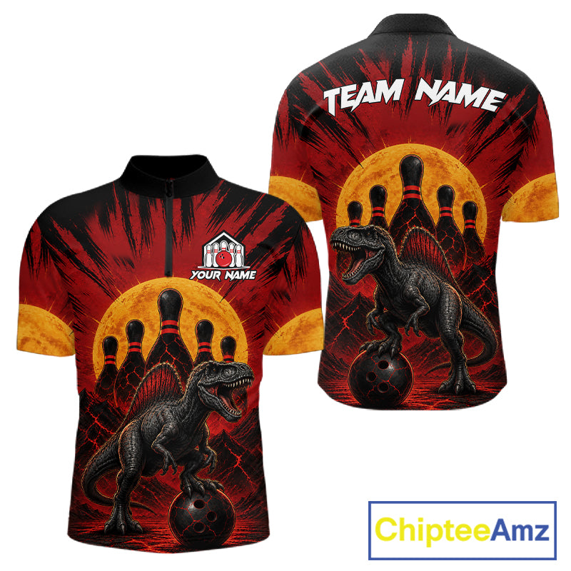 Personalized black and red dinosaur bowling team jersey quarter zip shirt for men featuring black and red dinosaur artwork, premium custom bowling apparel.