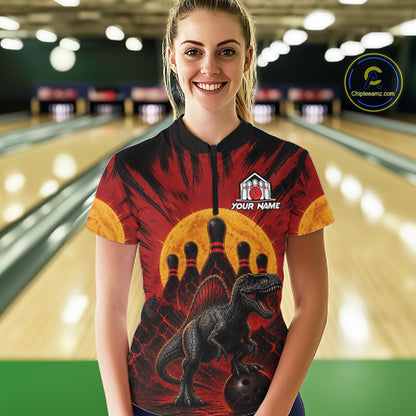 Woman wearing personalized black and red dinosaur bowling team jersey quarter zip shirt featuring dinosaur artwork, front view.