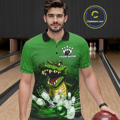 Man wearing personalized green funny alligator bowling team jersey polo shirt featuring funny alligator artwork, front view.