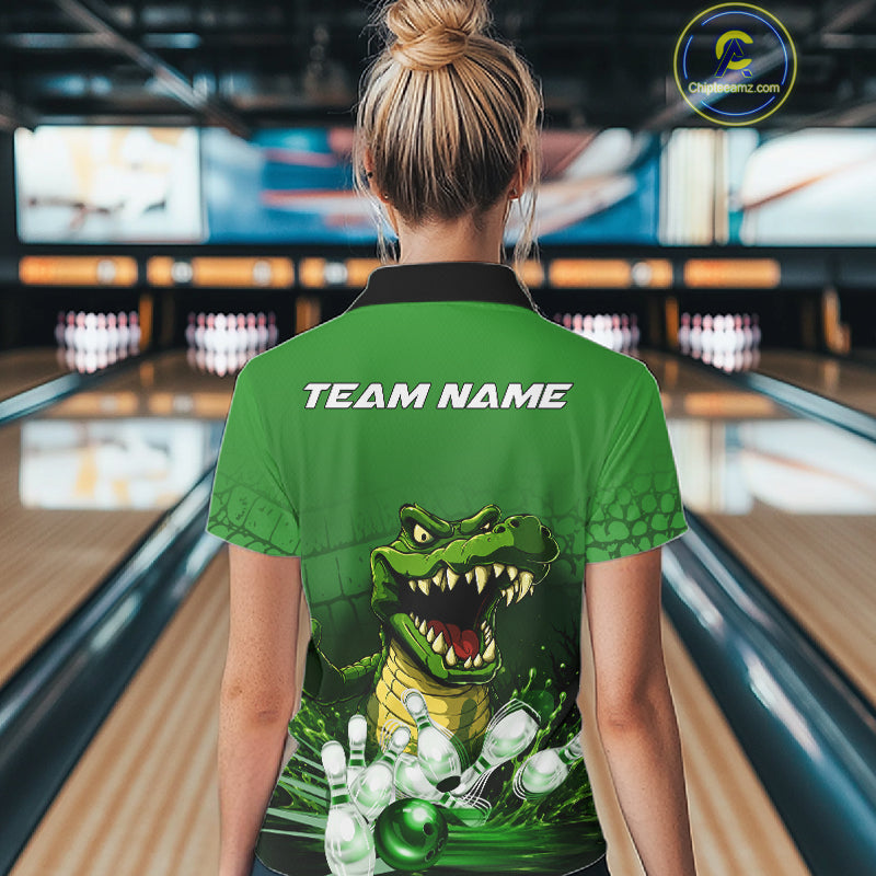 Woman wearing personalized green funny alligator bowling team jersey quarter zip shirt featuring funny alligator artwork, front view.