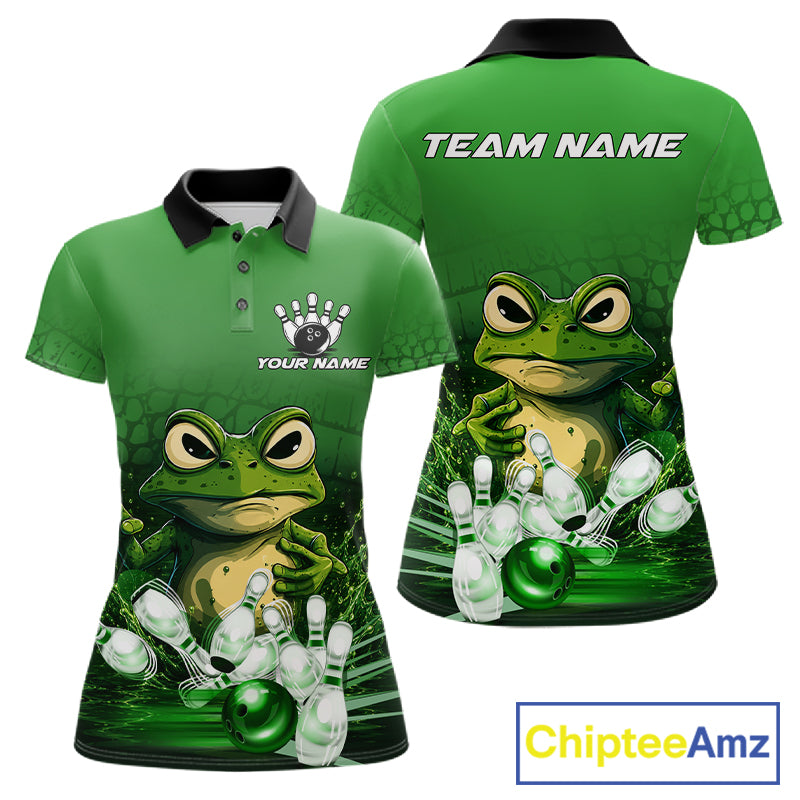 Personalized green funny frog bowling team jersey polo shirt for women featuring a funny frog bowling design, premium custom bowling team apparel and unique gift for bowlers.