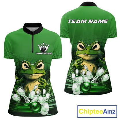 Personalized green funny frog bowling team jersey quarter zip shirt for women featuring funny frog bowling artwork, premium custom bowling apparel.