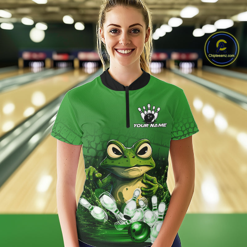 Woman wearing personalized green funny frog bowling team jersey quarter zip shirt featuring funny frog artwork, front view.
