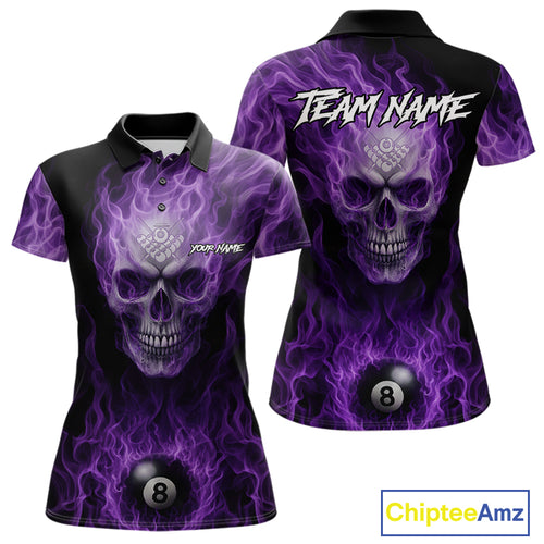 Purple Flaming Skull 8 Ball Fire Billiard Shirt For Women Custom Billiard Team Jersey Polo & 1/4 Zip TDM5062
