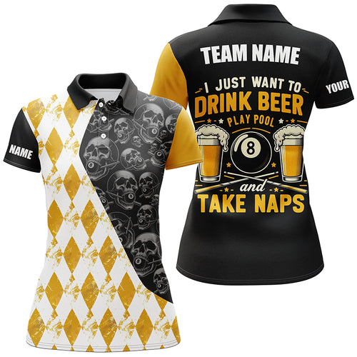 I Just Want To Drink Beer Billiard Shirt For Women Custom Yellow Argyle Skull Pattern Billiard Jersey TDM2091