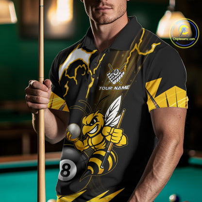Man wearing a yellow black funny bee thunder lightning 8 ball custom billiard jersey front view, personalized pool team shirt.