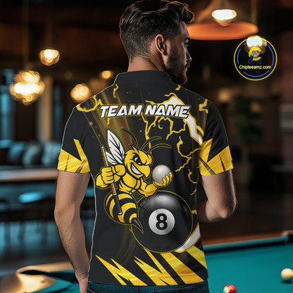 Back view of man wearing a yellow black funny bee thunder lightning 8 ball billiard team jersey, custom pool tournament shirt.