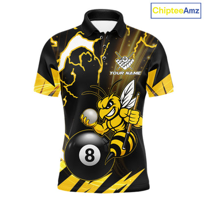 Yellow black funny bee thunder lightning 8 ball custom billiard polo shirt for men, personalized pool team jersey for tournaments.