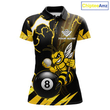Load image into Gallery viewer, Yellow black funny bee thunder lightning 8 ball custom billiard polo shirt for women, personalized pool team jersey for tournaments.