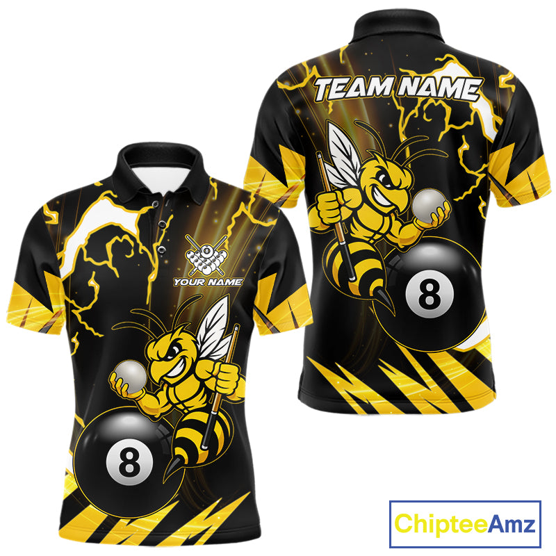 Yellow black funny bee thunder lightning 8 ball pool team polo shirt with custom billiard graphics, personalized billiard team jersey.