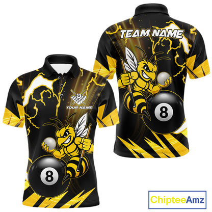 Yellow black funny bee thunder lightning 8 ball pool team polo shirt with custom billiard graphics, personalized billiard team jersey.