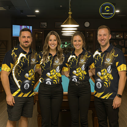 Pool team wearing matching yellow black funny bee thunder lightning 8 ball custom billiard jerseys during tournament competition front view.