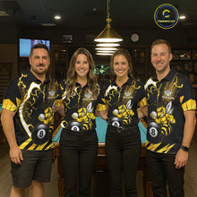 Load image into Gallery viewer, Pool team wearing matching yellow black funny bee thunder lightning 8 ball custom billiard jerseys during tournament competition front view.