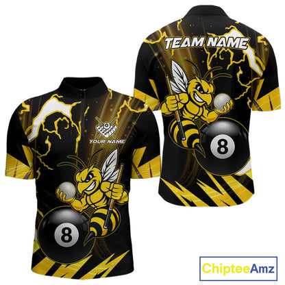 Yellow black funny bee thunder lightning 8 ball quarter zip billiard shirt for men, custom pool team jersey and tournament apparel.