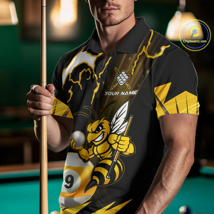 Man wearing a yellow black funny bee thunder lightning 9 ball custom billiard jersey front view, personalized pool team shirt.