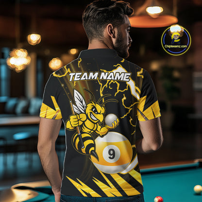Back view of man wearing a yellow black funny bee thunder lightning 9 ball billiard team jersey, custom pool tournament shirt.