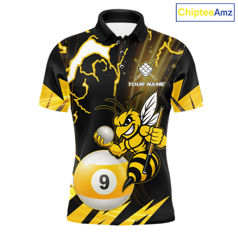 Yellow black funny bee thunder lightning 9 ball custom billiard polo shirt for men, personalized pool team jersey for tournaments.