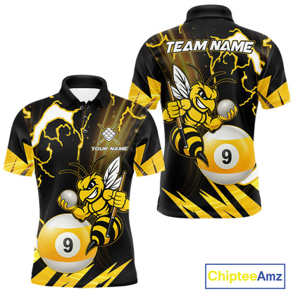 Yellow black funny bee thunder lightning 9 ball pool team polo shirt with custom billiard graphics, personalized billiard team jersey.