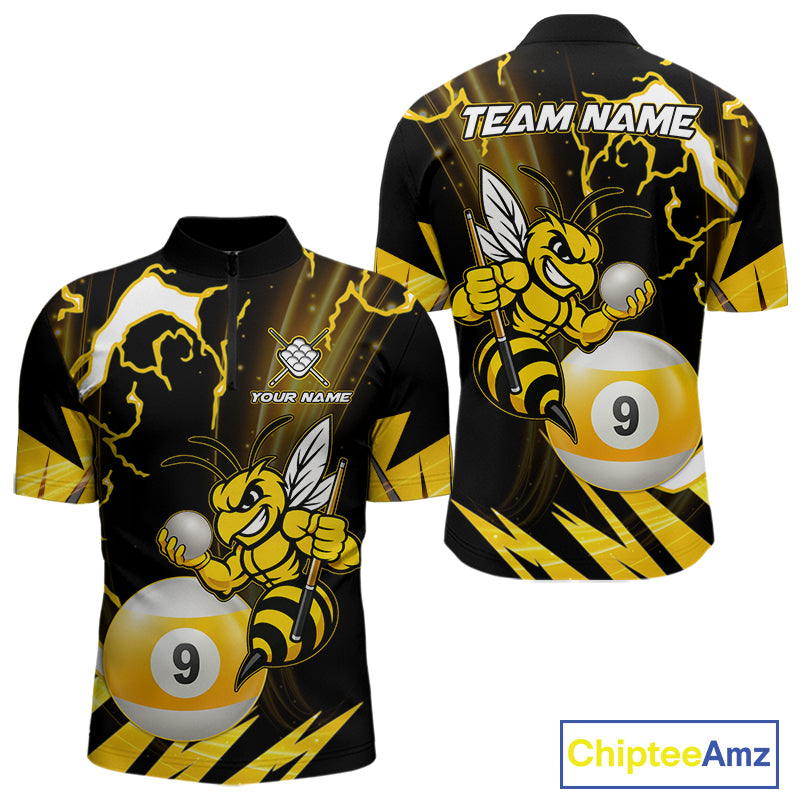 Yellow black funny bee thunder lightning 9 ball quarter zip billiard shirt for men, custom pool team jersey and tournament apparel.